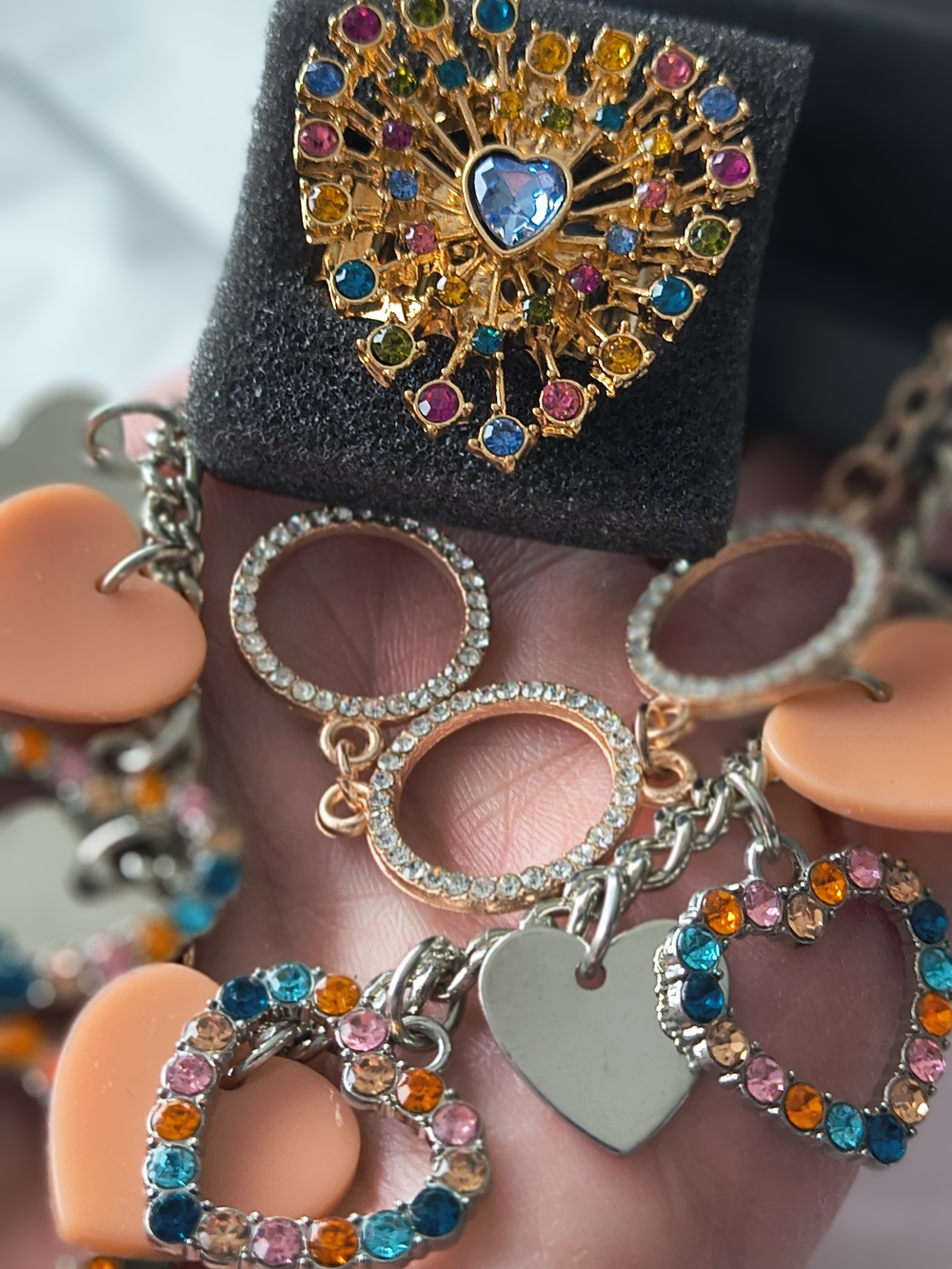 Gold-Tone Multicolor Heart Ring Bracelets / Charm And Sphere .. Set